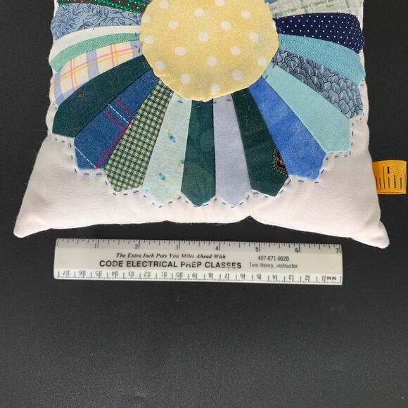 Handmade Pillow Quilted Small 8" Accent Blue Green Yellow Dresden Plate Pieced - Picture 9 of 10
